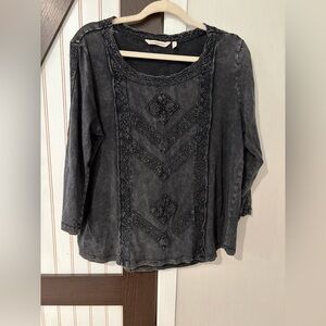 Soft Surroundings Mineral Washed Charcoal Embroidered Blouse Lagenlook Large